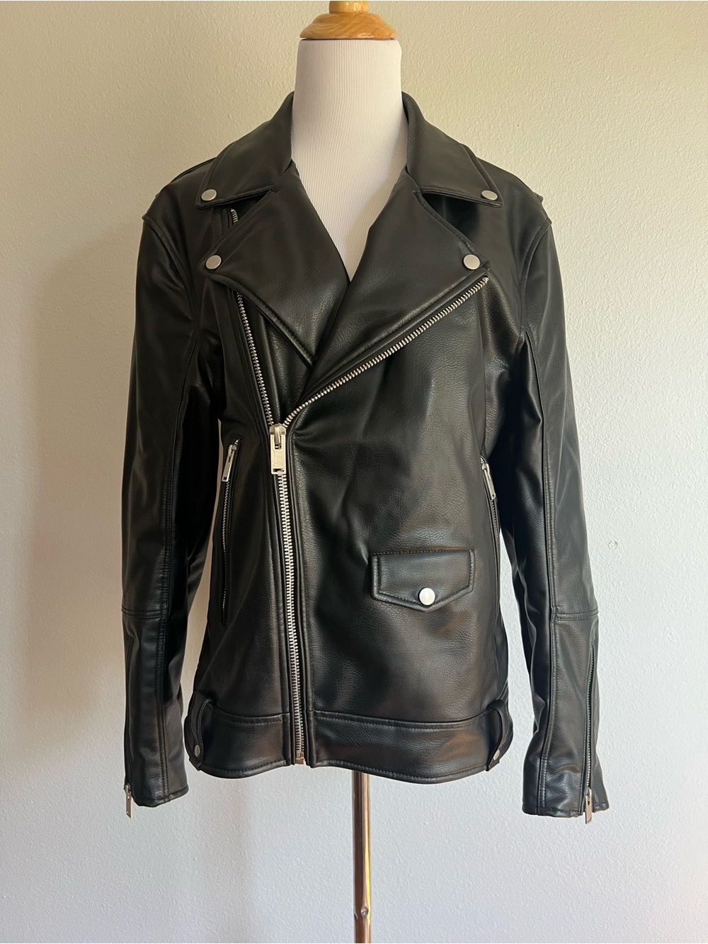 Zara Black Asymmetric Faux Leather Jacket, S